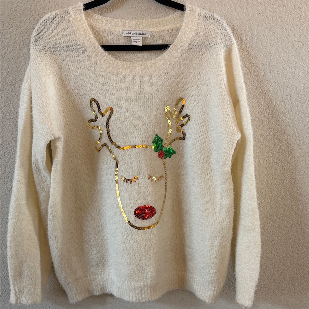 99 Jane Street Cream Christmas Sweater with Gold Reindeer Design